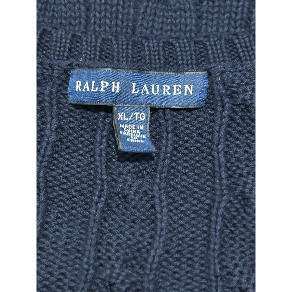 Ralph Lauren Cable Knit V-Neck Sweater Navy XL Green Pony 100% Cotton preppy - Picture 6 of 7